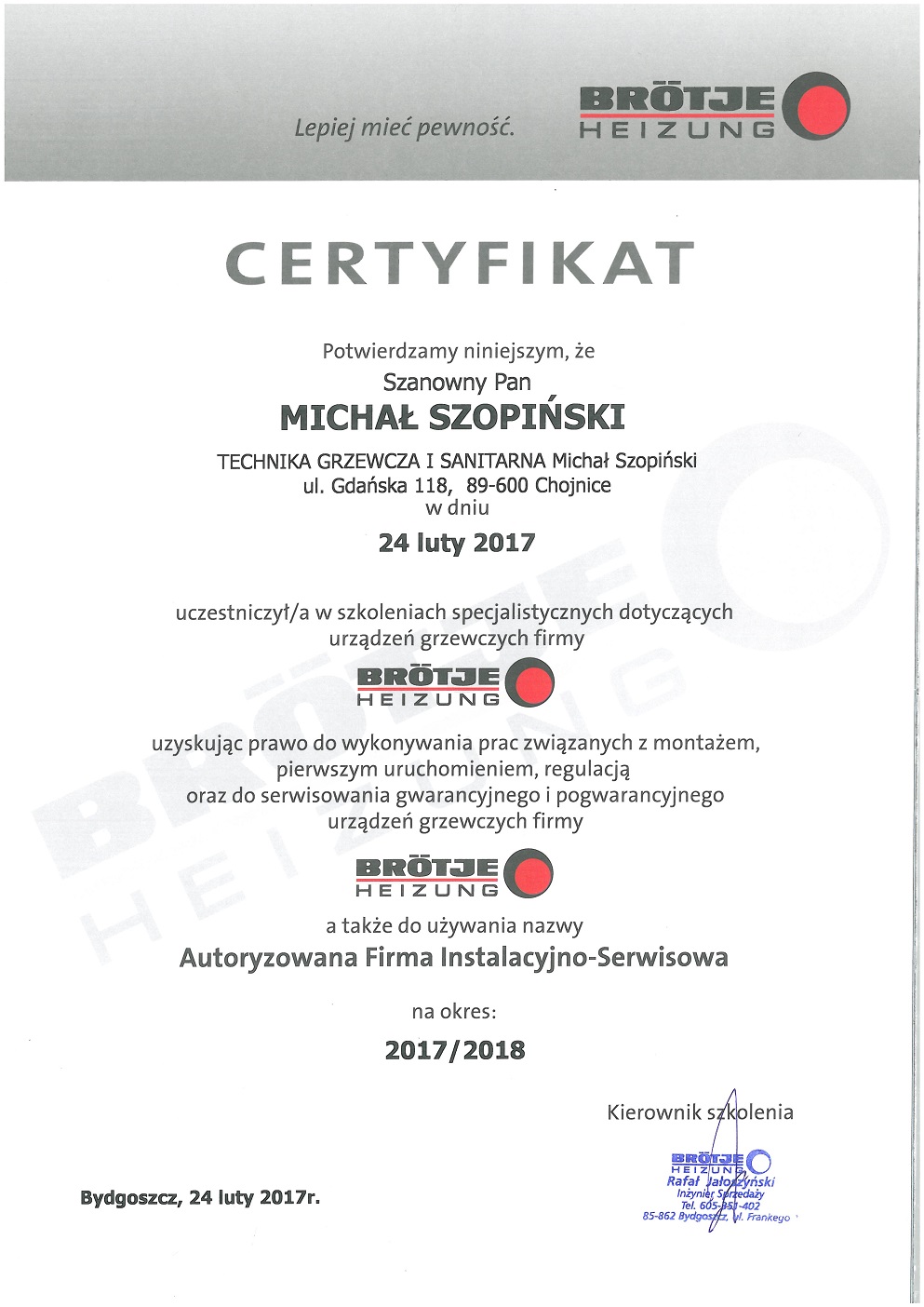 Certyfikat BROTJE MG Szopińscy Chojnice