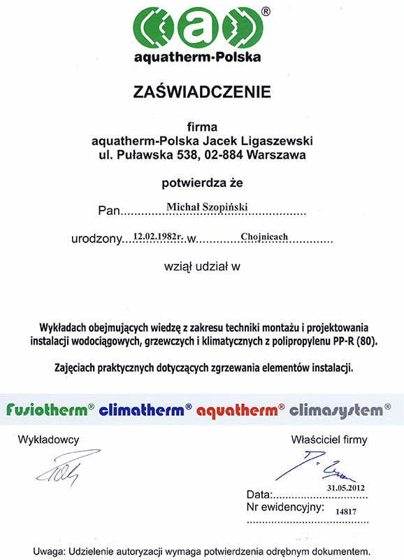 certyfikat-aquatherm MG Szopińscy Chojnice