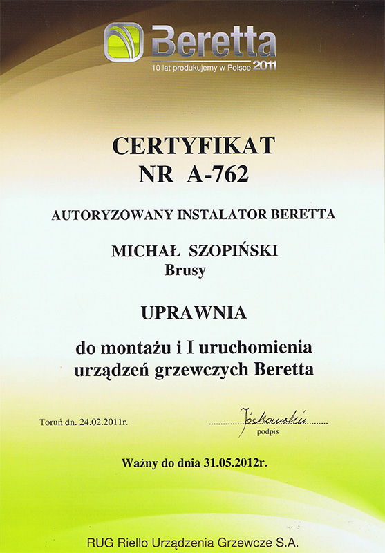 certyfikat-beretta-2012 MG Szopińscy Chojnice