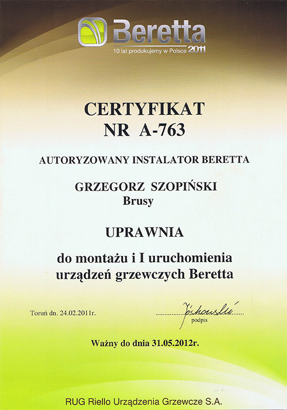certyfikat-beretta MG Szopińscy Chojnice