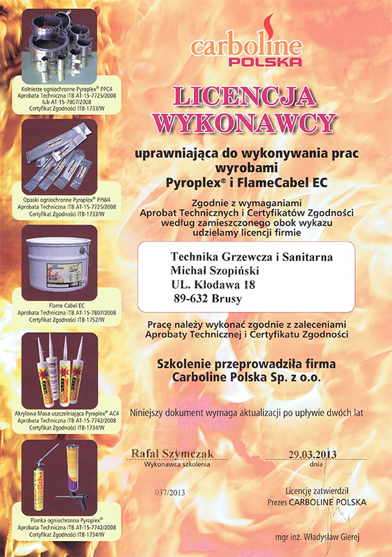 certyfikat-carboline MG Szopińscy Chojnice