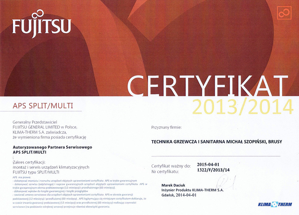 certyfikat-fujitsu-2013-2014 MG Szopińscy Chojnice