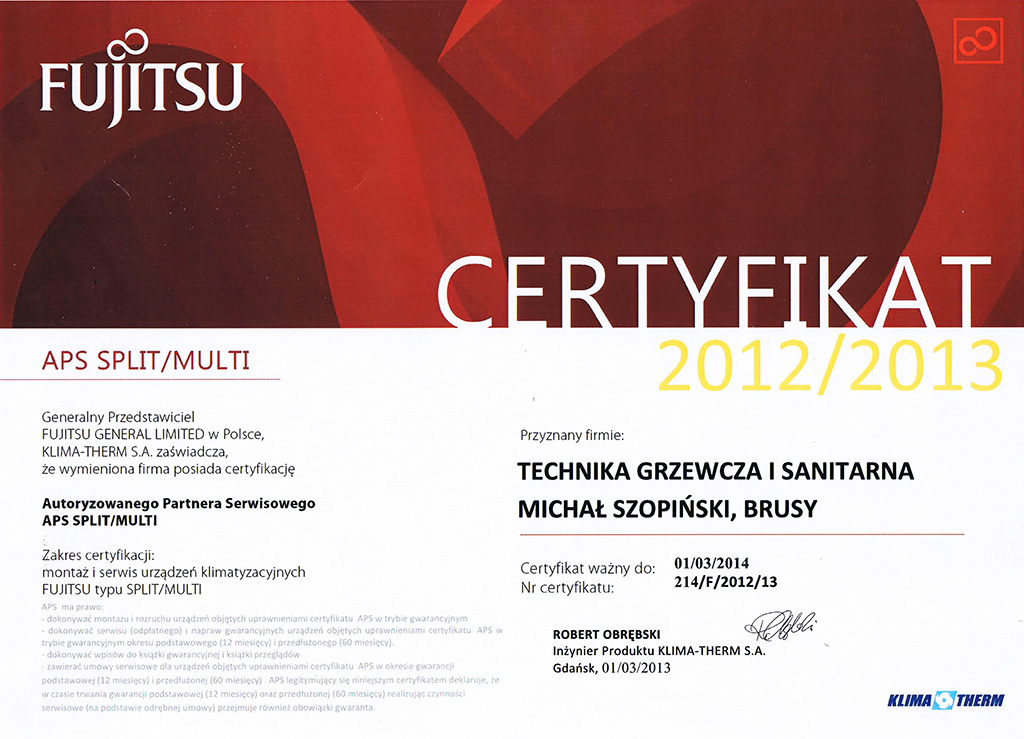certyfikat-fujitsu MG Szopińscy Chojnice