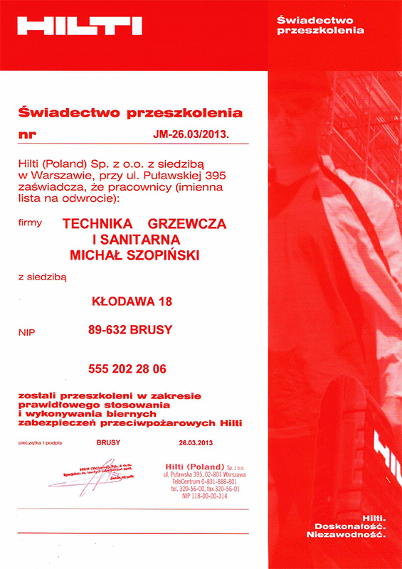certyfikat-hilti MG Szopińscy Chojnice