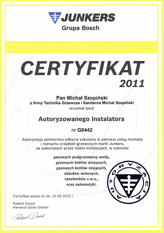 certyfikat-junkers-2011 MG Szopińscy Chojnice