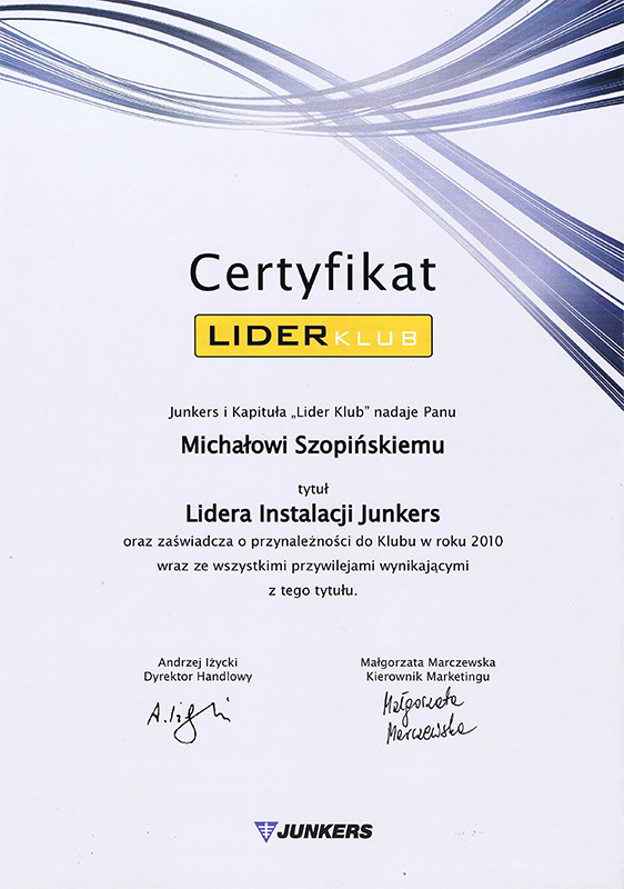 certyfikat-junkers MG Szopińscy Chojnice