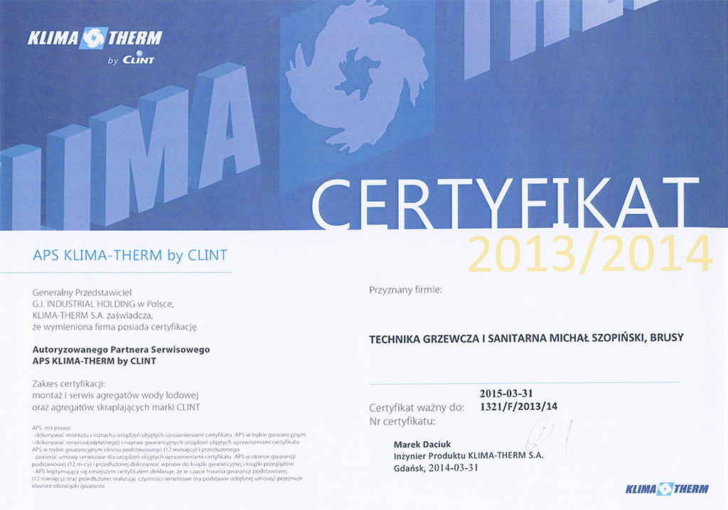 certyfikat-klima-therm MG Szopińscy Chojnice